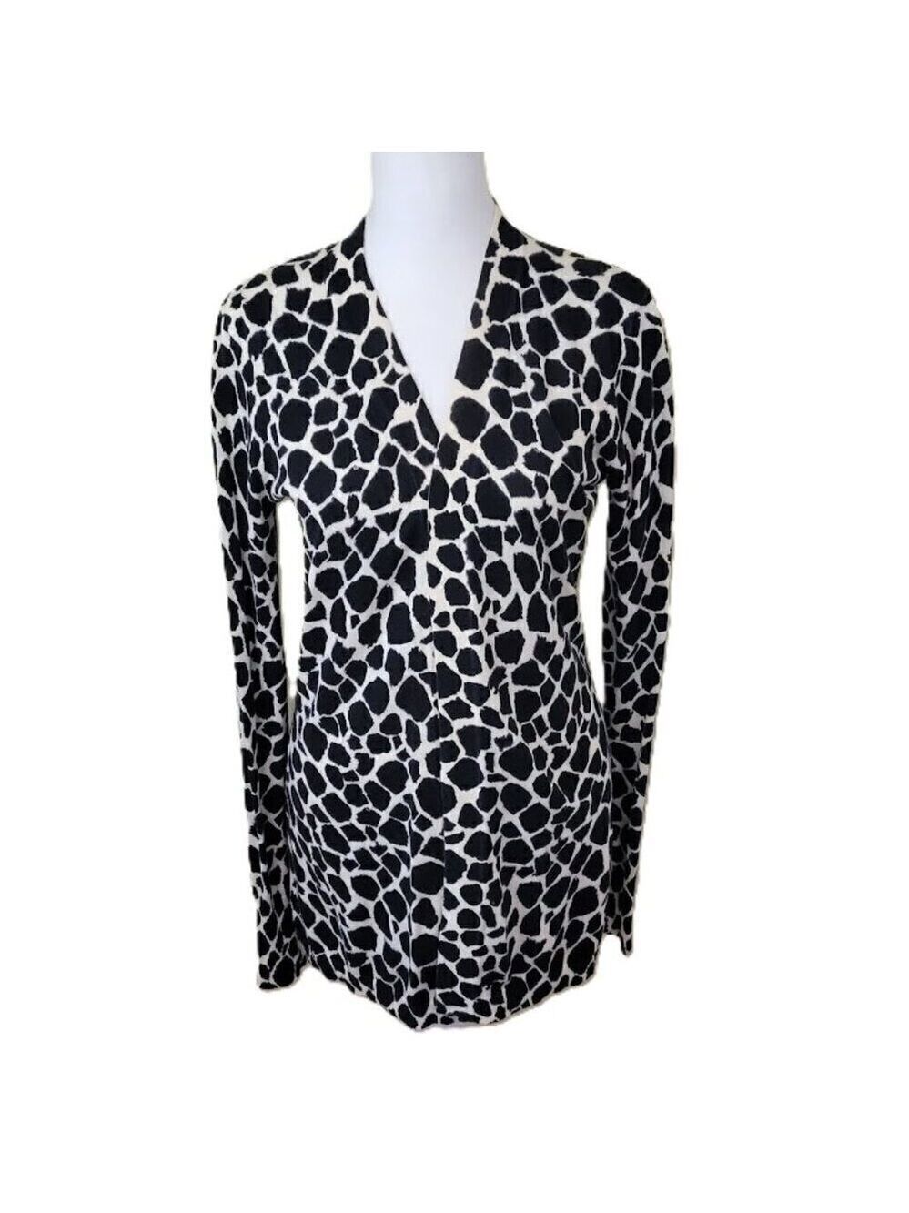 𝅺LOFT Animal Print Cardigan Black/White Lightweight Knit Sweater Womens Size XS